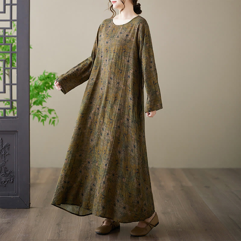 Buddha Stones – Maxikleid aus Baumwolle und Leinen mit Blumenmuster und langen Ärmeln und Taschen - image 5