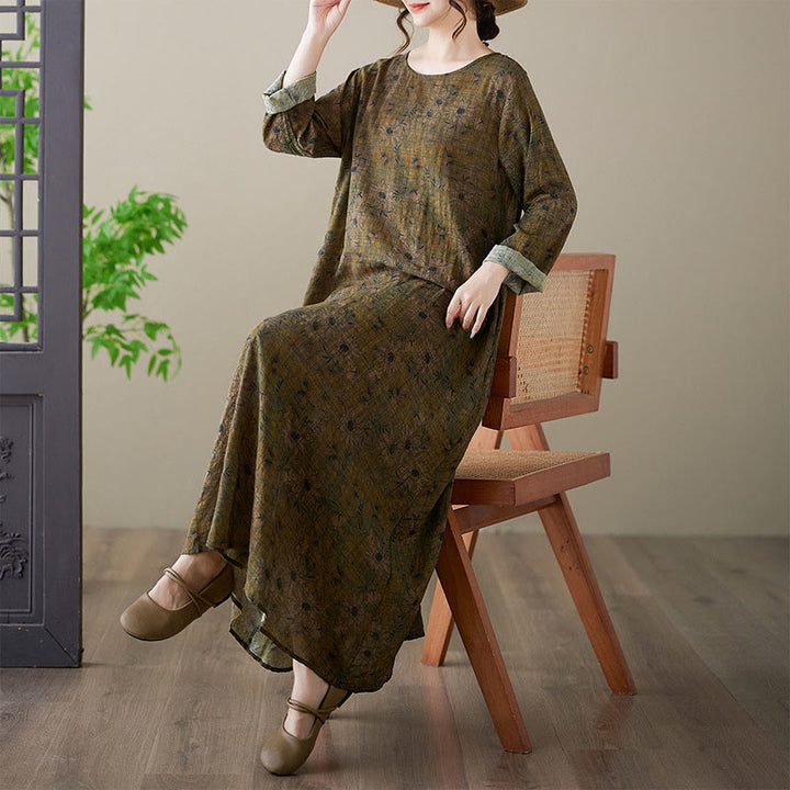 Buddha Stones – Maxikleid aus Baumwolle und Leinen mit Blumenmuster und langen Ärmeln und Taschen - image 6