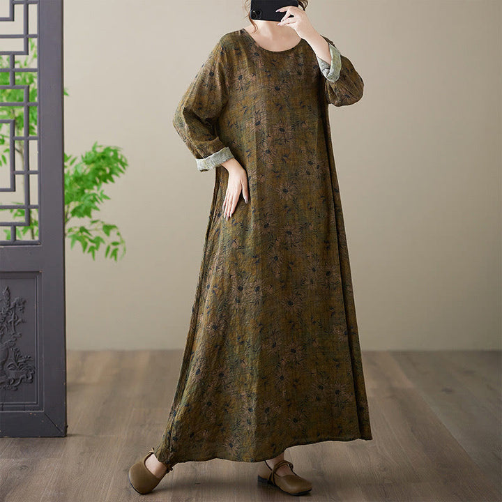 Buddha Stones – Maxikleid aus Baumwolle und Leinen mit Blumenmuster und langen Ärmeln und Taschen - image 4
