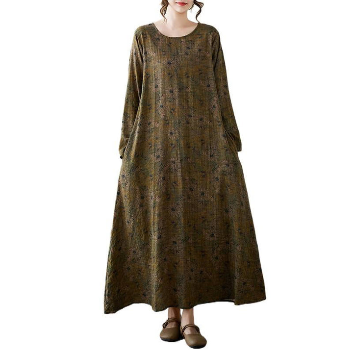 Buddha Stones – Maxikleid aus Baumwolle und Leinen mit Blumenmuster und langen Ärmeln und Taschen - image 13