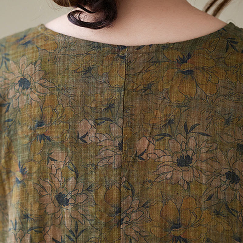 Buddha Stones – Maxikleid aus Baumwolle und Leinen mit Blumenmuster und langen Ärmeln und Taschen - image 8