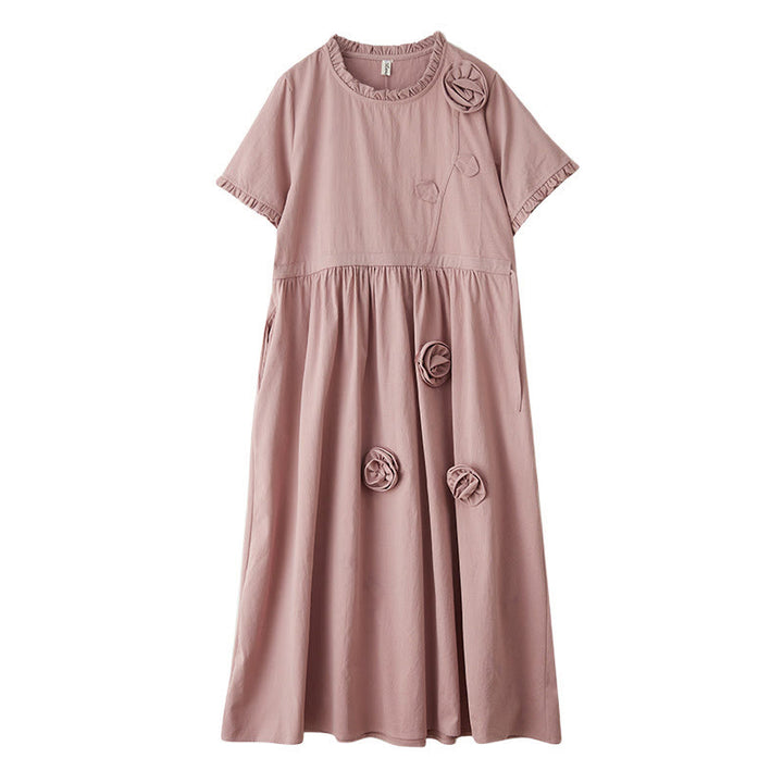 Buddha Stones – Kurzärmliges Midikleid aus Baumwolle und Leinen mit dreidimensionalen Blumen und Rüschen und Taschen - image 16