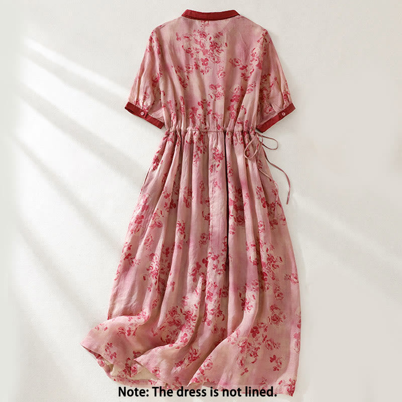 Buddha Stones Druckknöpfe Kordelzug Hohe Taille Kurzarm Baumwolle Midikleid mit Taschen - image 1