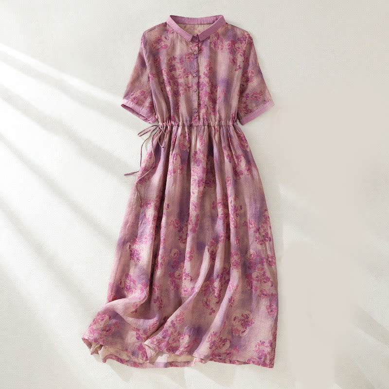 Buddha Stones -Print, Knöpfe, Kordelzug, hoher Bund, kurze Ärmel, Midikleid mit Taschen - Blassviolettrot - US 8-10, UK/AU 12-14, EU 40-42 (2XL) - image 20