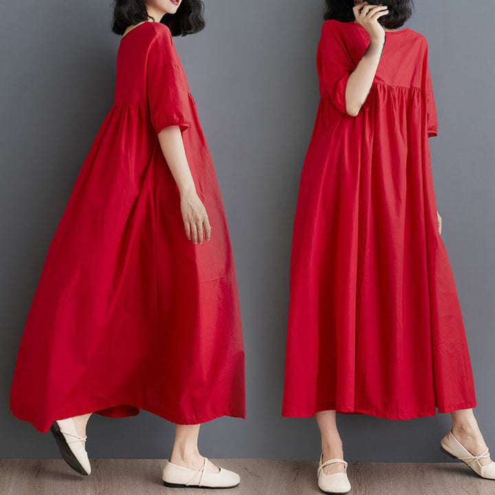 Buddha Stones – Einfarbiges Midikleid aus Baumwolle mit plissiertem Design, Rundhalsausschnitt und halben Puffärmeln - Rot - US14， UK/AU18，EU46 (2XL) - image 21