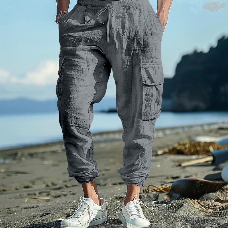 Buddha Stones Herren-Cargohose aus Leinen mit Kordelzug und Taschen - Grau - US/ UK/AU46，EU56 (3XL) - image 15