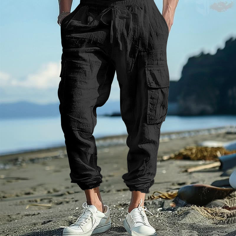 Buddha Stones Herren-Cargohose aus Leinen mit Kordelzug und Taschen - Schwarz - US/ UK/AU46，EU56 (3XL) - image 1