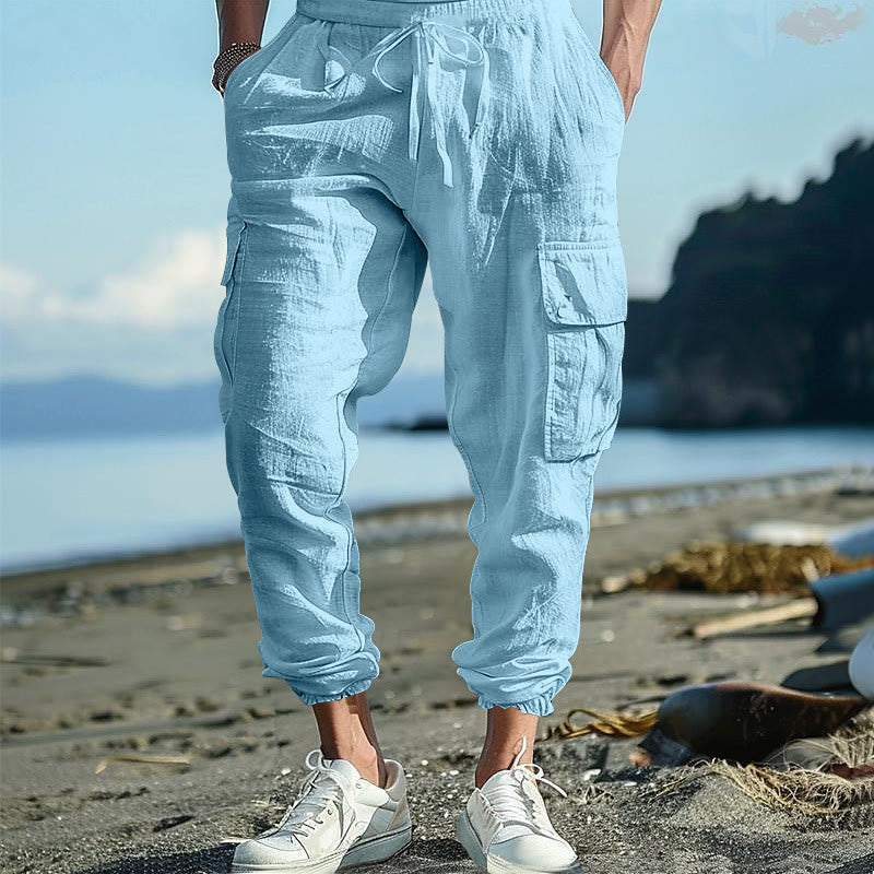 Buddha Stones Herren-Cargohose aus Leinen mit Kordelzug und Taschen - HellHimmelBlau - US/ UK/AU46，EU56 (3XL) - image 8