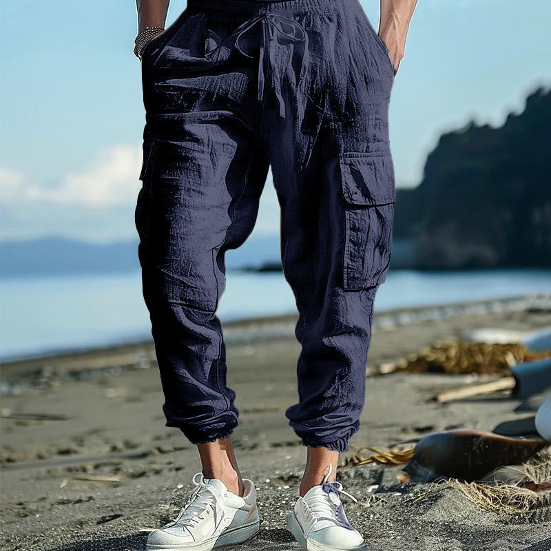 Buddha Stones Herren-Cargohose aus Leinen mit Kordelzug und Taschen - Stahlblau - US/ UK/AU46，EU56 (3XL) - image 29