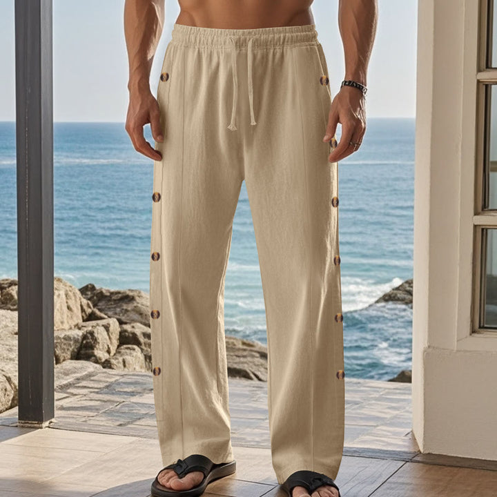 Buddha Stones Einfarbige Herren-Baumwollhose mit seitlichen Knöpfen und Taschen - image 6