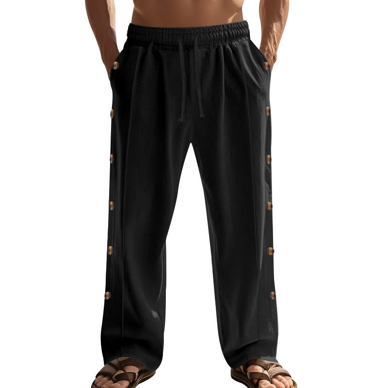 Buddha Stones Einfarbige Herren-Baumwollhose mit seitlichen Knöpfen und Taschen - image 20