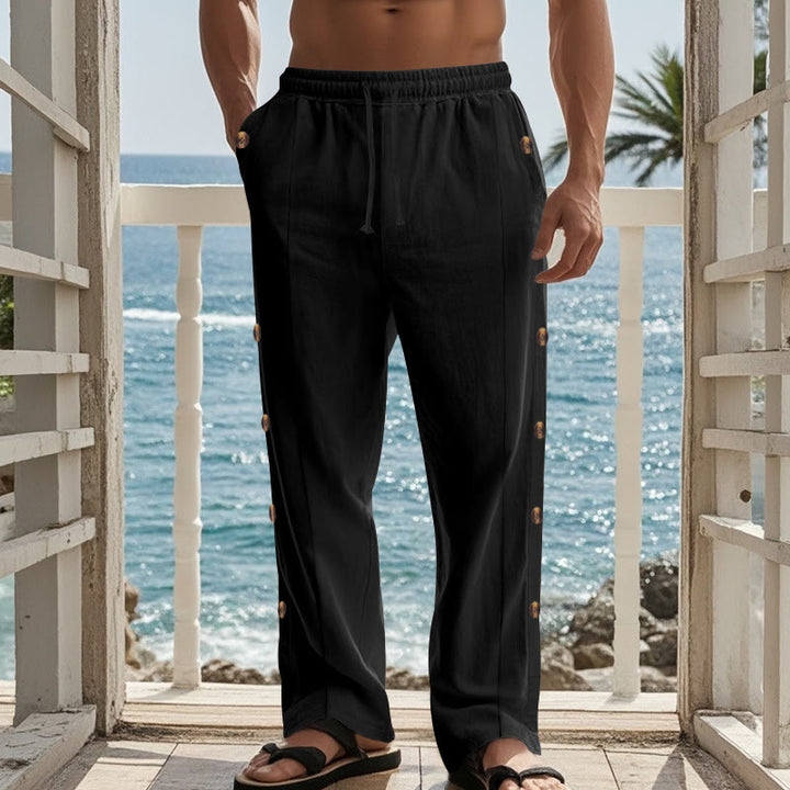 Buddha Stones Einfarbige Herren-Baumwollhose mit seitlichen Knöpfen und Taschen - image 13