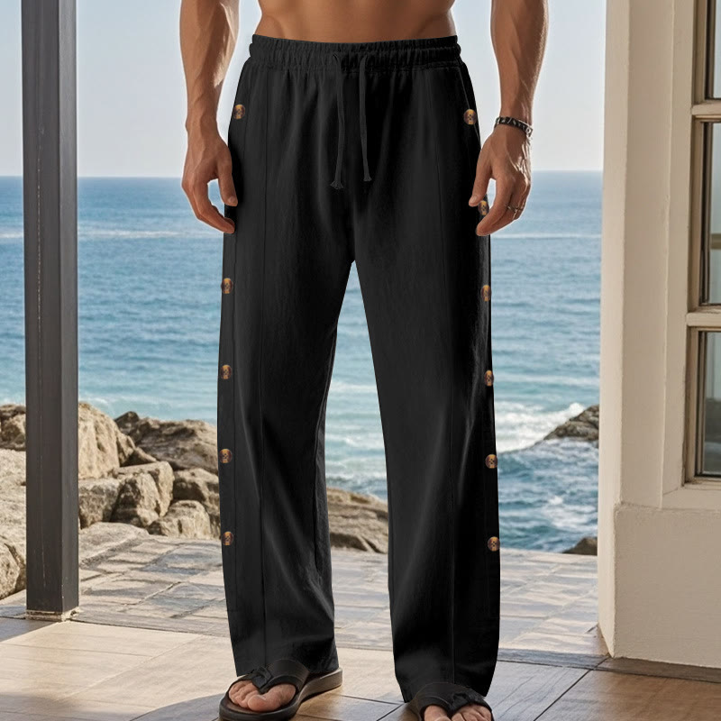 Buddha Stones Einfarbige Herren-Baumwollhose mit seitlichen Knöpfen und Taschen - image 15