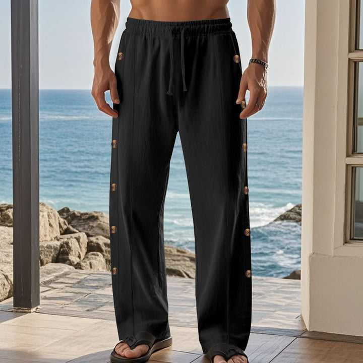 Buddha Stones Einfarbige Herren-Baumwollhose mit seitlichen Knöpfen und Taschen - image 15