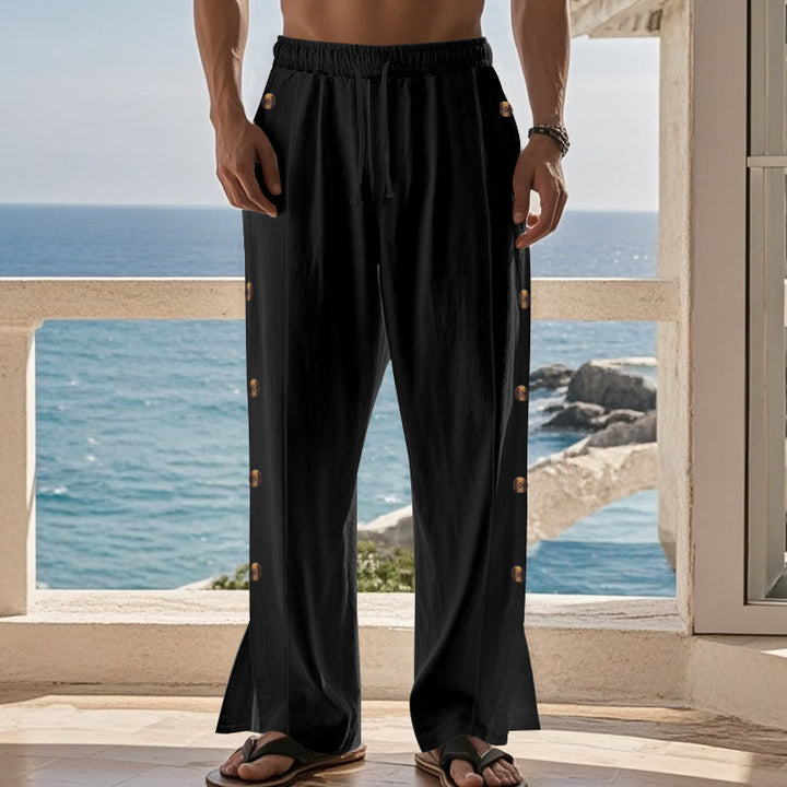 Buddha Stones Einfarbige Herren-Baumwollhose mit seitlichen Knöpfen und Taschen - image 14