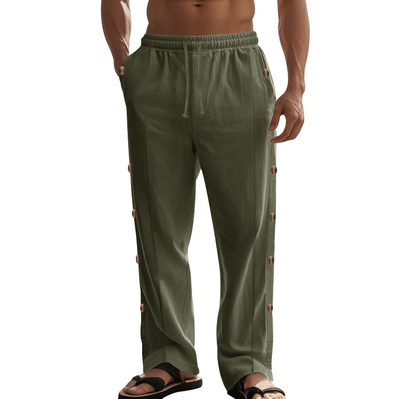 Buddha Stones Einfarbige Herren-Baumwollhose mit seitlichen Knöpfen und Taschen - image 32