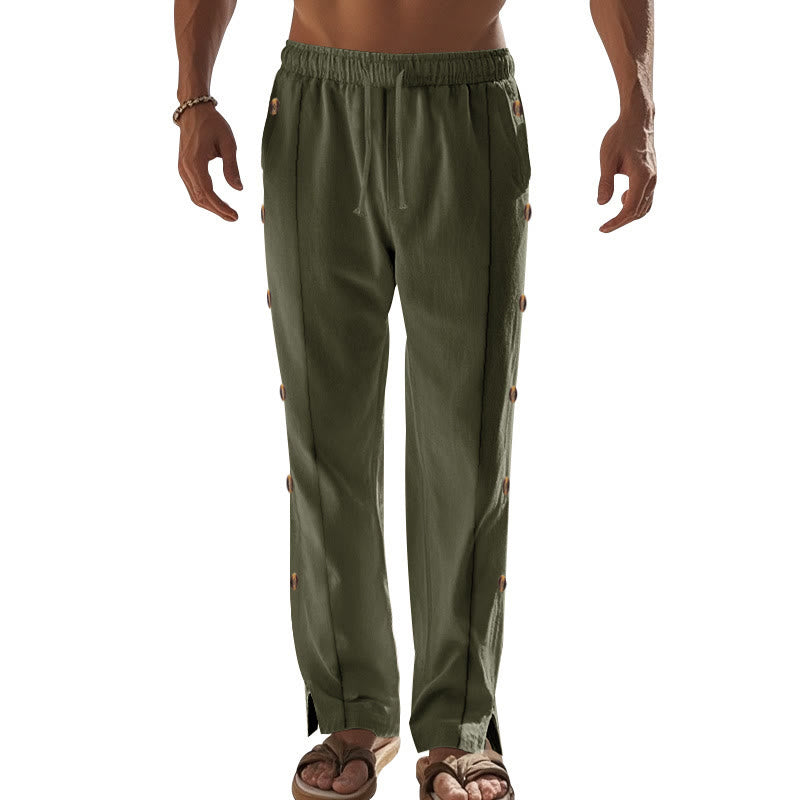 Buddha Stones Einfarbige Herren-Baumwollhose mit seitlichen Knöpfen und Taschen - image 33