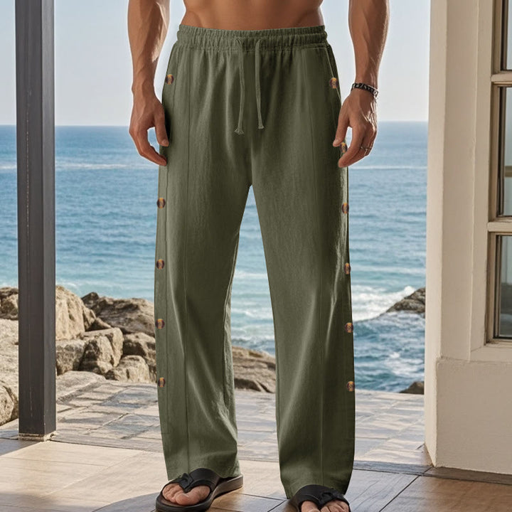 Buddha Stones Einfarbige Herren-Baumwollhose mit seitlichen Knöpfen und Taschen - image 24