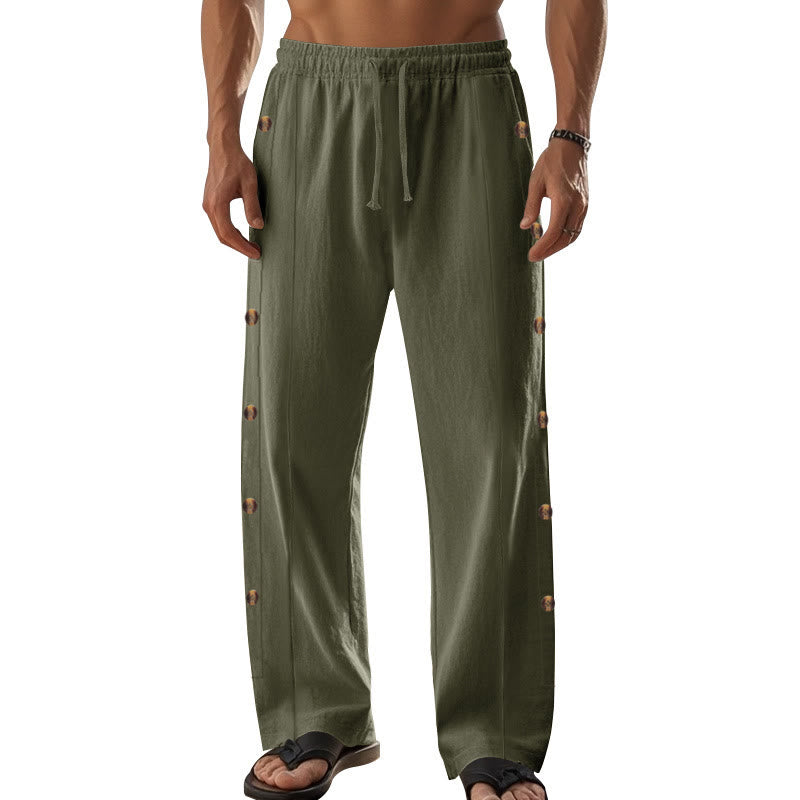 Buddha Stones Einfarbige Herren-Baumwollhose mit seitlichen Knöpfen und Taschen - image 35