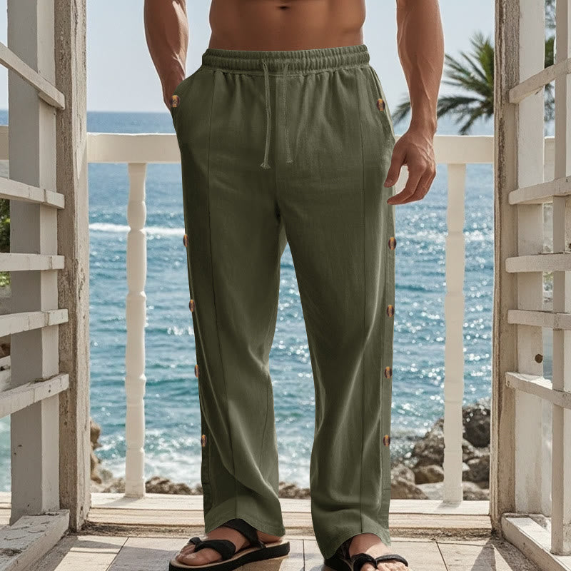 Buddha Stones Einfarbige Herren-Baumwollhose mit seitlichen Knöpfen und Taschen - image 30