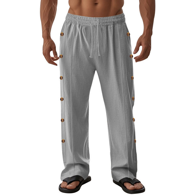 Buddha Stones Einfarbige Herren-Baumwollhose mit seitlichen Knöpfen und Taschen - image 42
