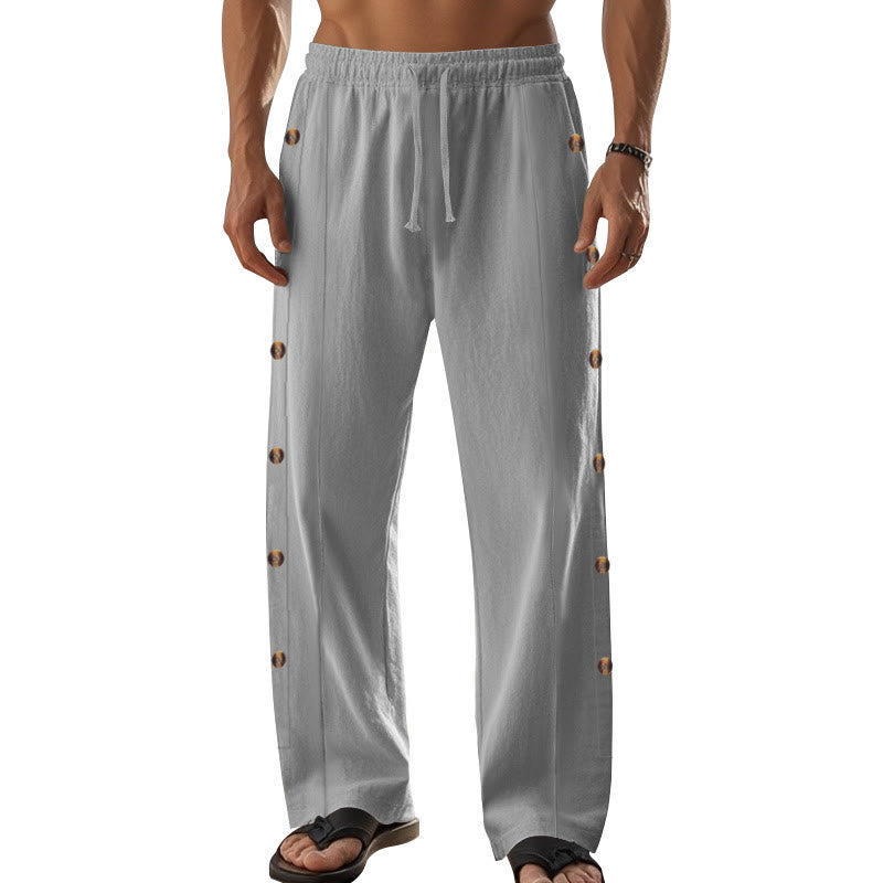 Buddha Stones Einfarbige Herren-Baumwollhose mit seitlichen Knöpfen und Taschen - image 43