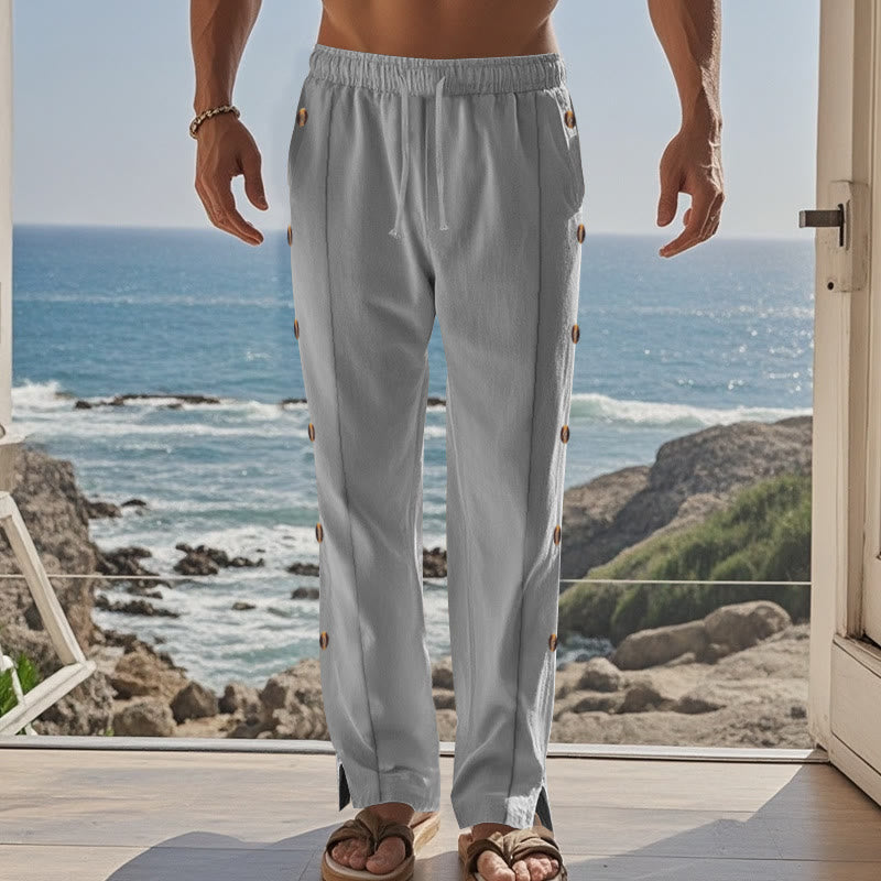 Buddha Stones Einfarbige Herren-Baumwollhose mit seitlichen Knöpfen und Taschen - image 38