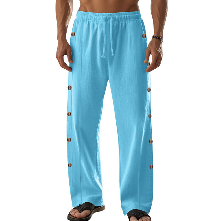 Buddha Stones Einfarbige Herren-Baumwollhose mit seitlichen Knöpfen und Taschen - image 45