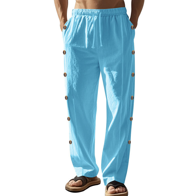 Buddha Stones Einfarbige Herren-Baumwollhose mit seitlichen Knöpfen und Taschen - image 58