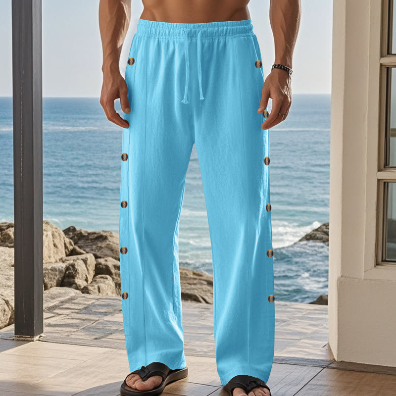 Buddha Stones Einfarbige Herren-Baumwollhose mit seitlichen Knöpfen und Taschen - image 46