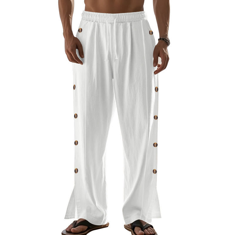 Buddha Stones Einfarbige Herren-Baumwollhose mit seitlichen Knöpfen und Taschen - image 66
