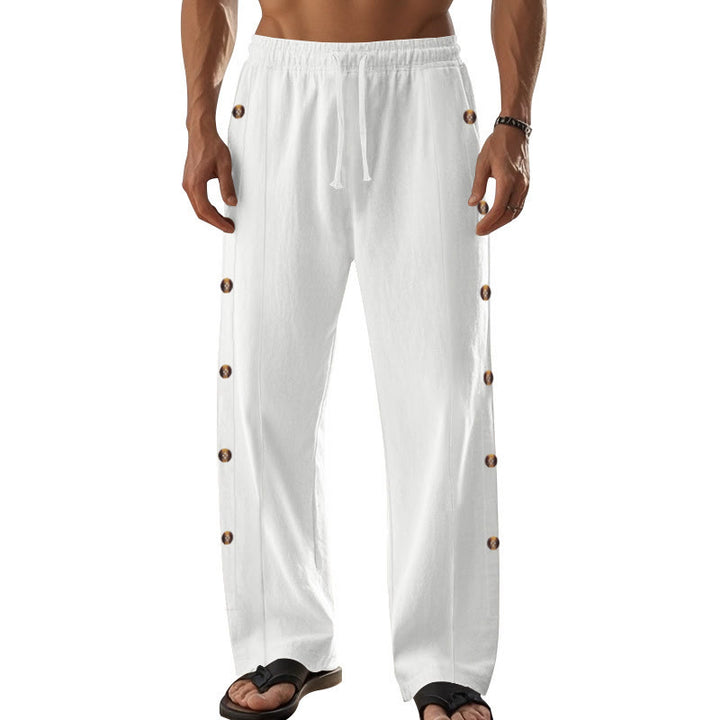 Buddha Stones Einfarbige Herren-Baumwollhose mit seitlichen Knöpfen und Taschen - image 67