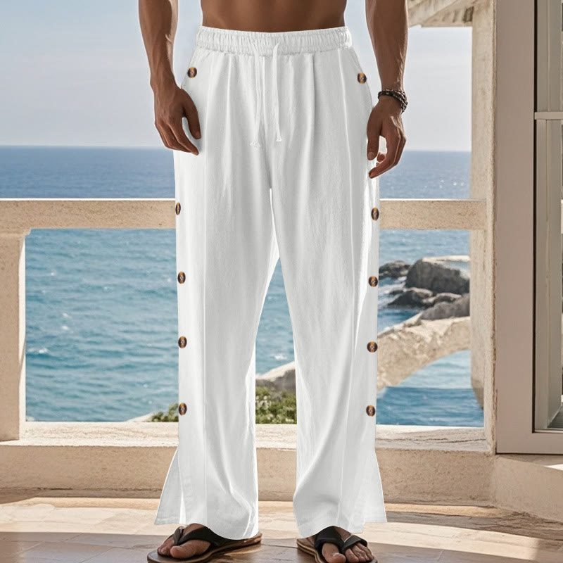Buddha Stones Einfarbige Herren-Baumwollhose mit seitlichen Knöpfen und Taschen - image 63