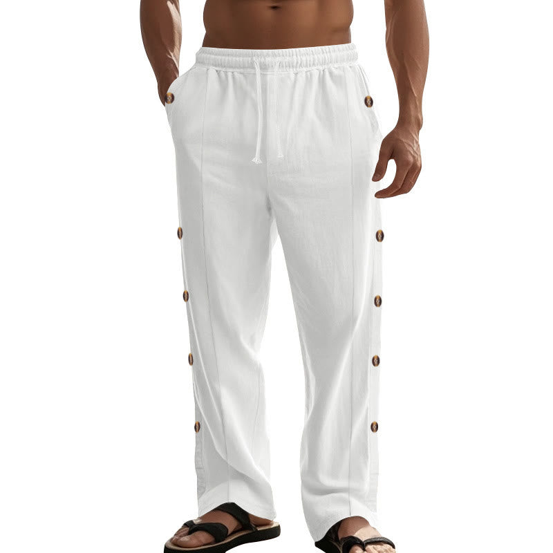Buddha Stones Einfarbige Herren-Baumwollhose mit seitlichen Knöpfen und Taschen - image 69