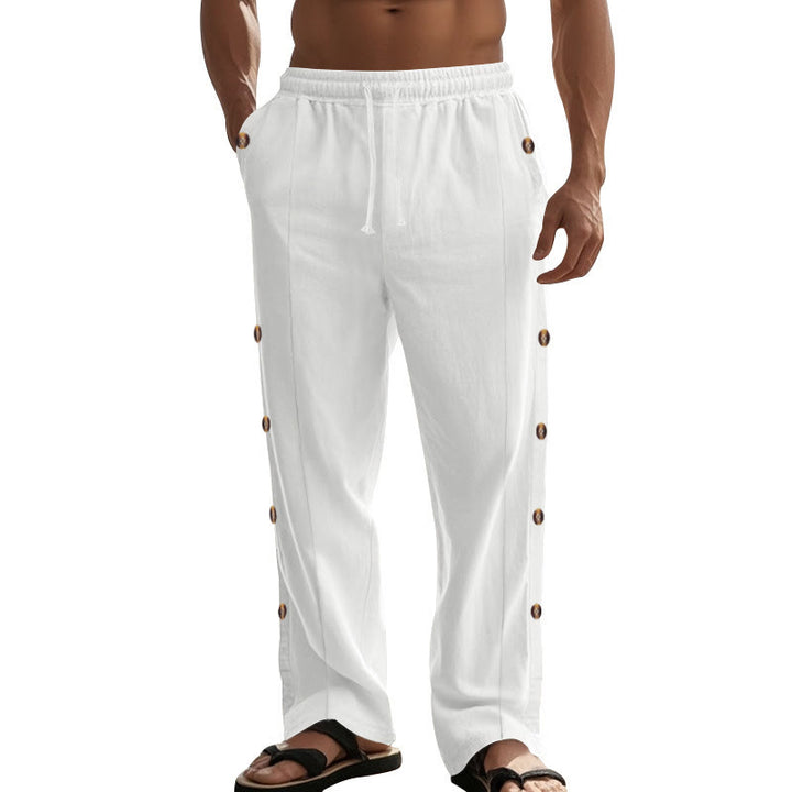 Buddha Stones Einfarbige Herren-Baumwollhose mit seitlichen Knöpfen und Taschen - image 69
