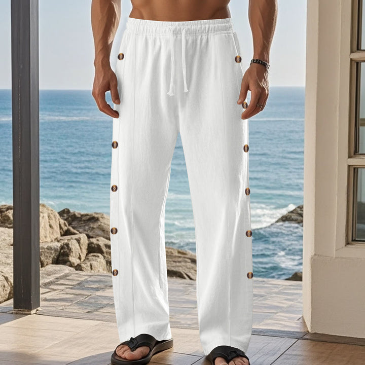 Buddha Stones Einfarbige Herren-Baumwollhose mit seitlichen Knöpfen und Taschen - image 64