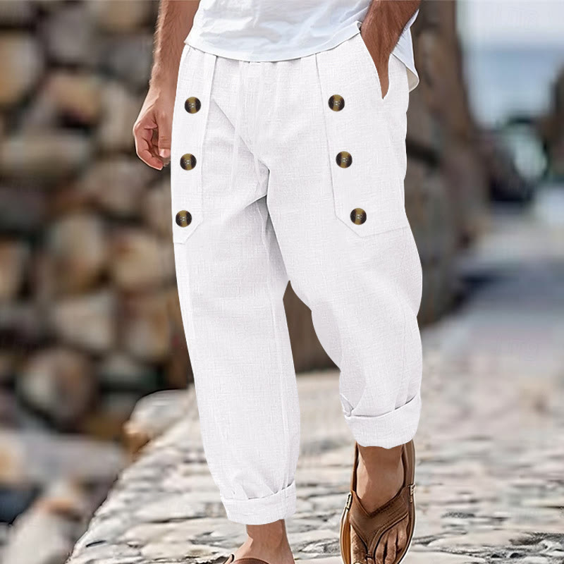 Buddha Stones Lässige, einfarbige Baumwollhose mit Knöpfen und Taschen für Herren - Weiß - US/ UK/AU46，EU56 (3XL) - image 1