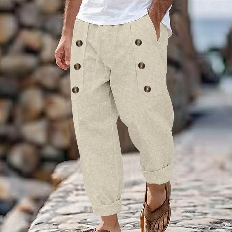 Buddha Stones Lässige, einfarbige Baumwollhose mit Knöpfen und Taschen für Herren - Beige - US/ UK/AU46，EU56 (3XL) - image 33