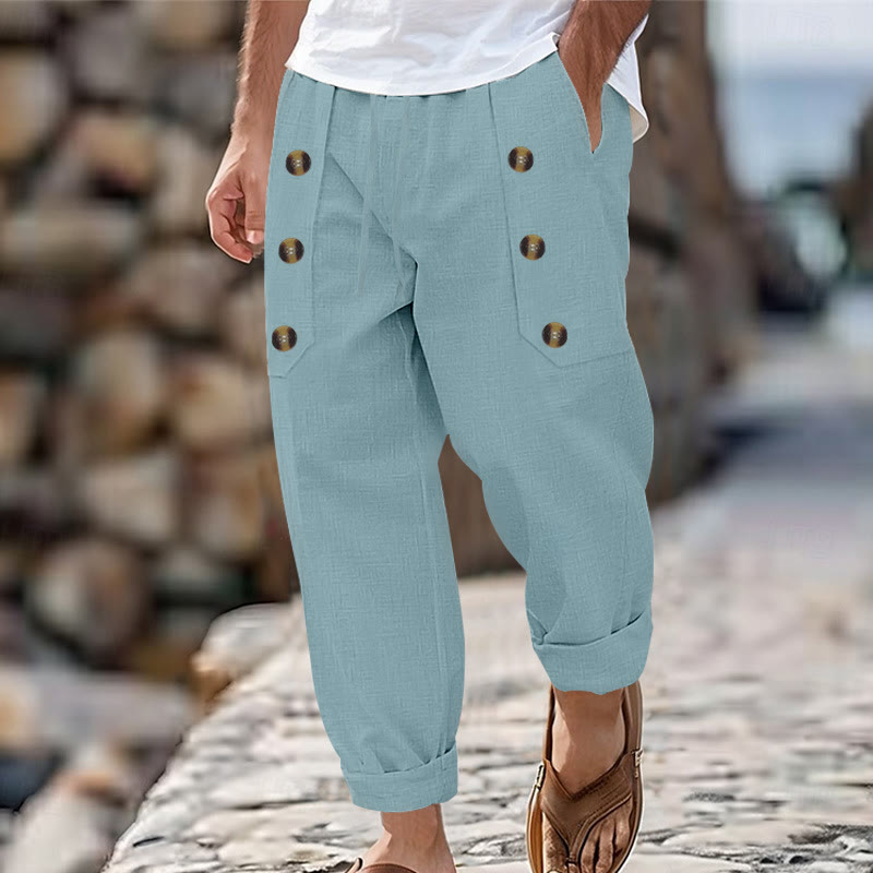 Buddha Stones Lässige, einfarbige Baumwollhose mit Knöpfen und Taschen für Herren - Blasstürkis - US/ UK/AU46，EU56 (3XL) - image 17