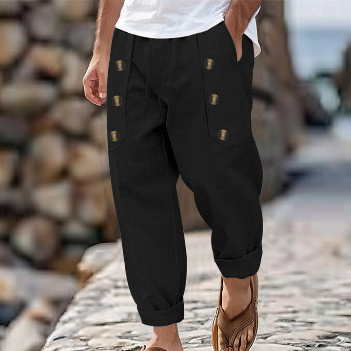 Buddha Stones Lässige, einfarbige Baumwollhose mit Knöpfen und Taschen für Herren - Schwarz - US/ UK/AU46，EU56 (3XL) - image 9