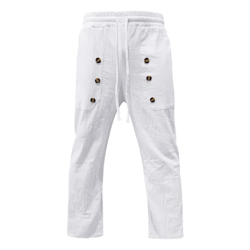 Buddha Stones Lässige, einfarbige Baumwollhose mit Knöpfen und Taschen für Herren - image 6