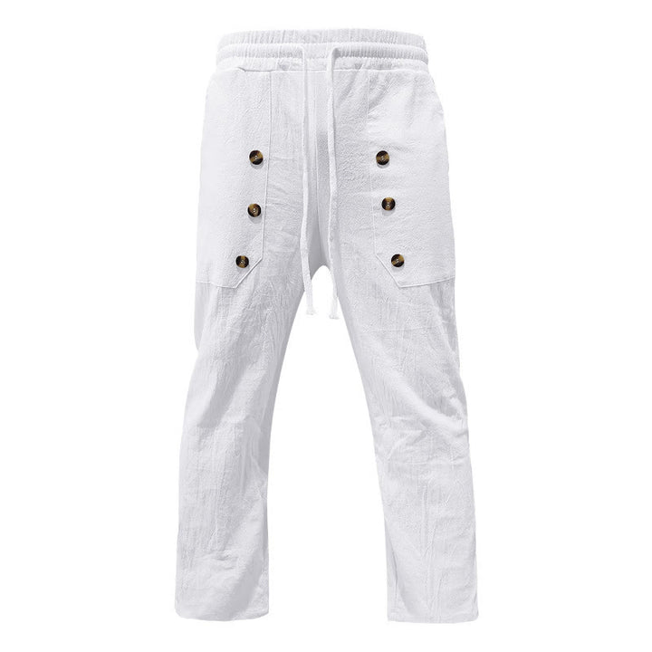 Buddha Stones Lässige, einfarbige Baumwollhose mit Knöpfen und Taschen für Herren - image 6