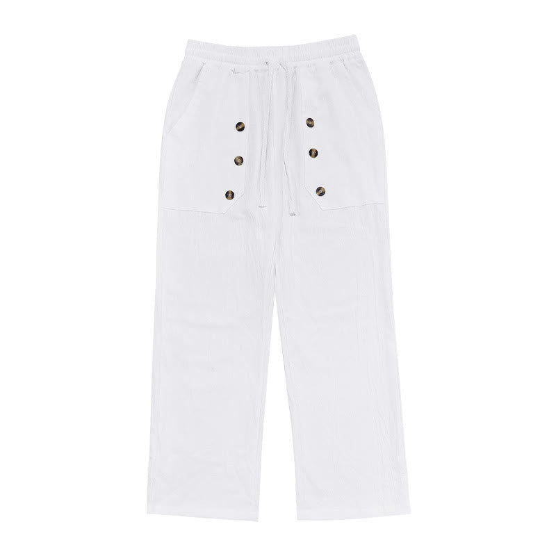 Buddha Stones Lässige, einfarbige Baumwollhose mit Knöpfen und Taschen für Herren - image 2