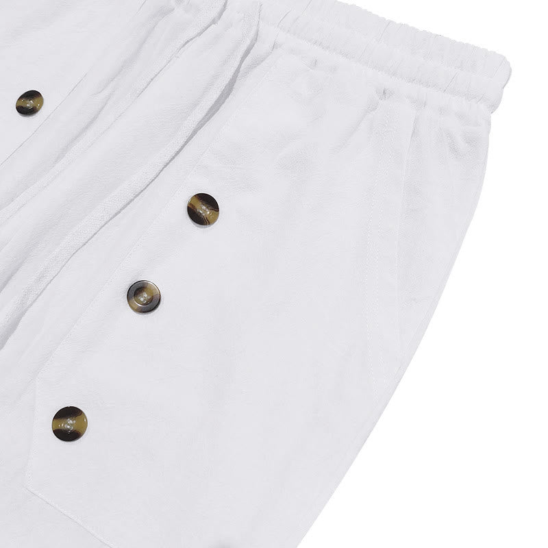 Buddha Stones Lässige, einfarbige Baumwollhose mit Knöpfen und Taschen für Herren - image 3