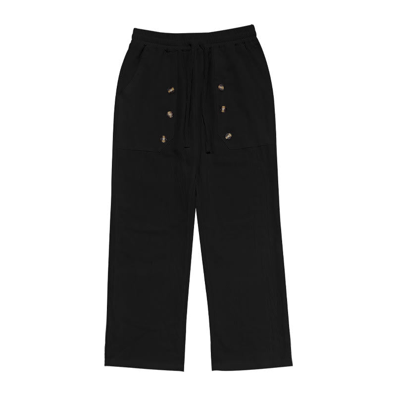 Buddha Stones Lässige, einfarbige Baumwollhose mit Knöpfen und Taschen für Herren - image 10