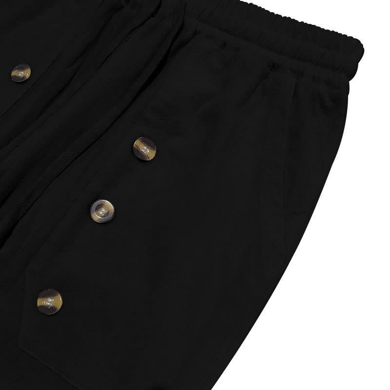 Buddha Stones Lässige, einfarbige Baumwollhose mit Knöpfen und Taschen für Herren - image 8