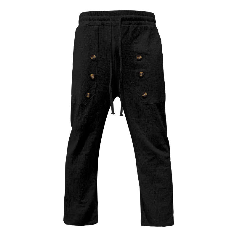 Buddha Stones Lässige, einfarbige Baumwollhose mit Knöpfen und Taschen für Herren - image 14