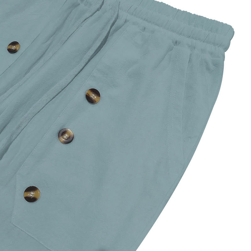 Buddha Stones Lässige, einfarbige Baumwollhose mit Knöpfen und Taschen für Herren - image 12