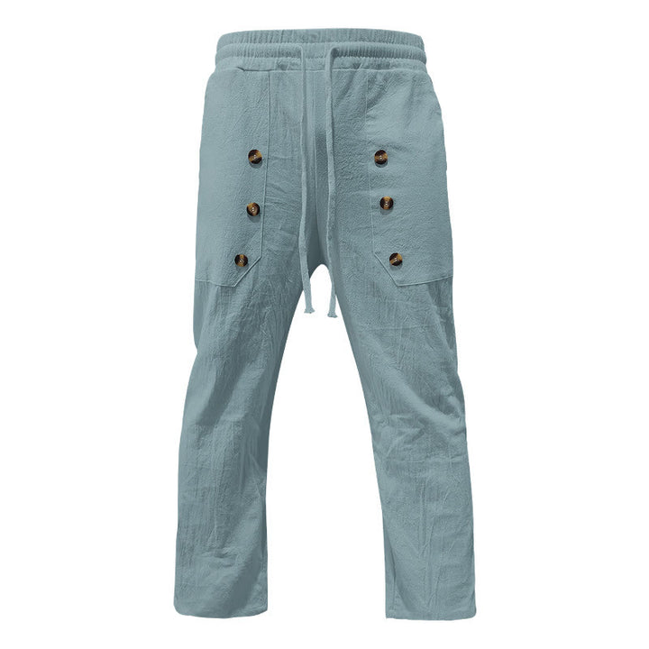 Buddha Stones Lässige, einfarbige Baumwollhose mit Knöpfen und Taschen für Herren - image 22