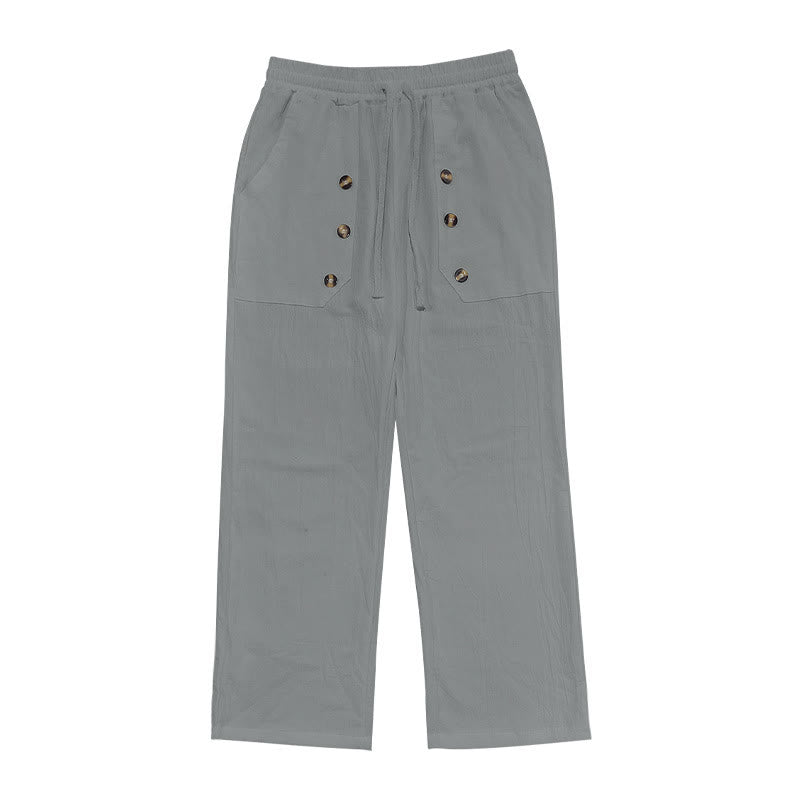 Buddha Stones Lässige, einfarbige Baumwollhose mit Knöpfen und Taschen für Herren - image 26